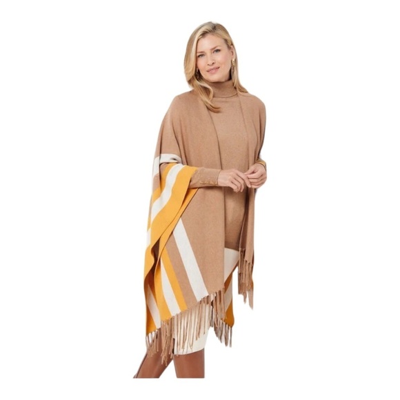 Talbots Fringe Knit Ruana Wrap Almond Heather Color Block Cotton Blend Scarf - Picture 5 of 6